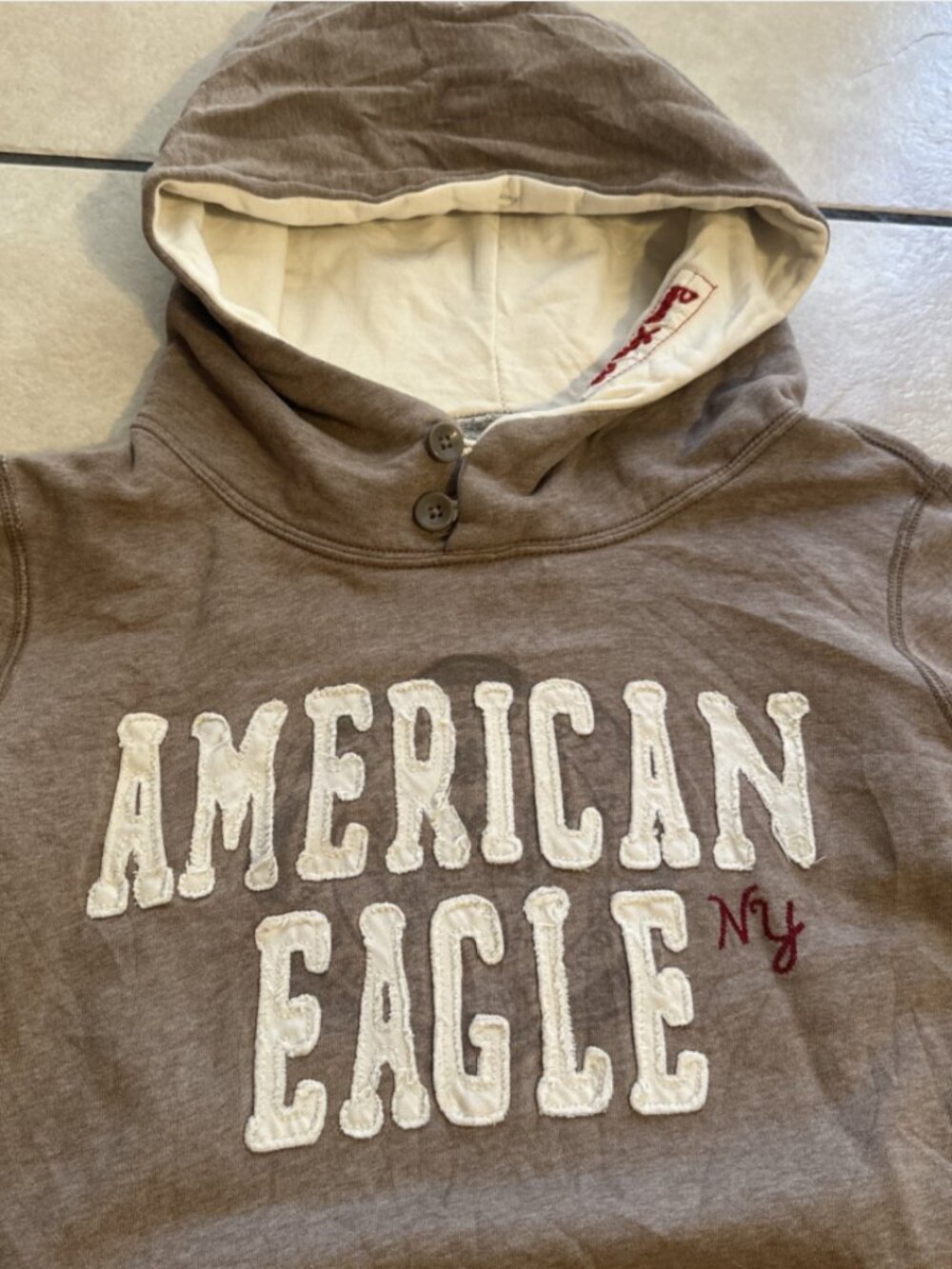 Y2K American Eagle NY Henley Hoodie Womens Medium Brown Embroidered Grunge 2000s